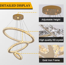 Load image into Gallery viewer, Gold Crystal Pendant Light Ring Chandelier LED Dimmable with Remote (60+40+20cm)