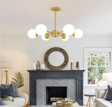 Load image into Gallery viewer, Modern Gold Chandelier Frosted White Globe Shade E27 Metal Ceiling Light 72cm Semi Flush Mount