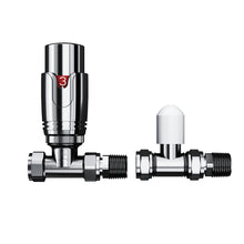 Load image into Gallery viewer, Thermostatic Valve Thermostatic and Manual Control Corner Towel Radiator Valves15mm Pair Chrome