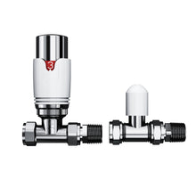 Load image into Gallery viewer, White Thermostatic Manual Control Corner Towel Radiator Valves15mm Pair Chrome White Thermostatic Manual Control Corner Towel Radiator Valves15mm Pair Chrome