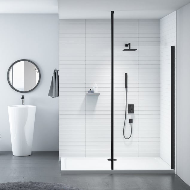 Walk In Shower Glass Panel Black Frame Clear Glass 800mm With White Long Shower Tray