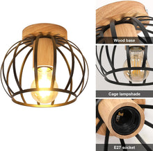 Load image into Gallery viewer, Industrial Ceiling Light Chandelier Light Fixture Wooden Base and Black Metal Cage E27
