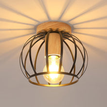 Load image into Gallery viewer, Industrial Ceiling Light Chandelier Light Fixture Wooden Base and Black Metal Cage E27
