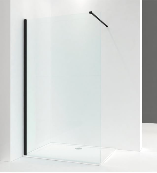 Walk In Shower Glass Panel Black Frame Clear Glass 700mm With White Long Shower Tray