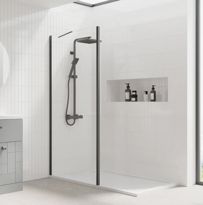 Walk In Shower Glass Panel Black Frame Clear Glass 700/760 mm With Shower Tray