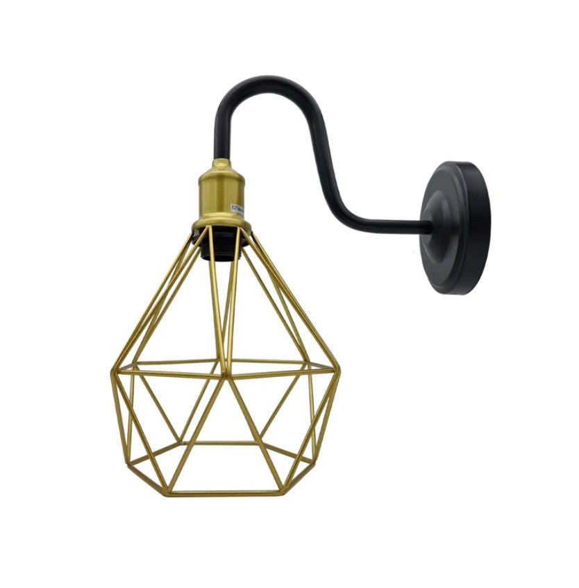 Vintage Diamond Cage Swang Neck Wall Light Sconces Wire Metal Light Black and Gold E27