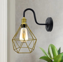 Load image into Gallery viewer, Vintage Diamond Cage Swang Neck Wall Light Sconces Wire Metal Light Black and Gold E27
