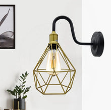 Load image into Gallery viewer, Vintage Diamond Cage Swang Neck Wall Light Sconces Wire Metal Light Black and Gold E27
