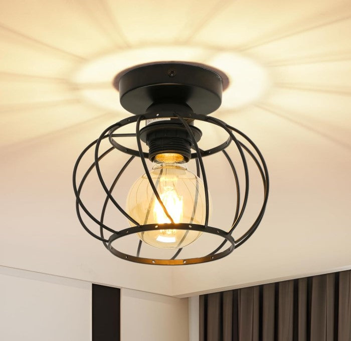 Industrial Ceiling Light Semi Flush Mount Ceiling Light Metal Cage E27 Black Ceiling Light