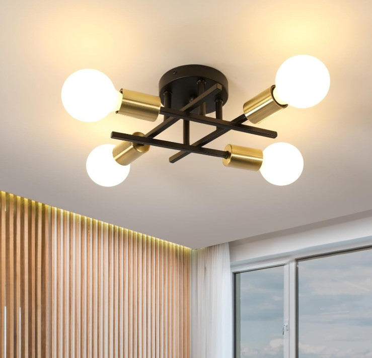 Ceiling Light E27 4-Lights Black Gold Ceiling Light 45cm Iron Semi Flush Mount