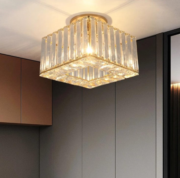 Semi Flush Mount Ceiling Light Crystal Chandelier Modern Ceiling Light Fixture Gold/Black 20 cm