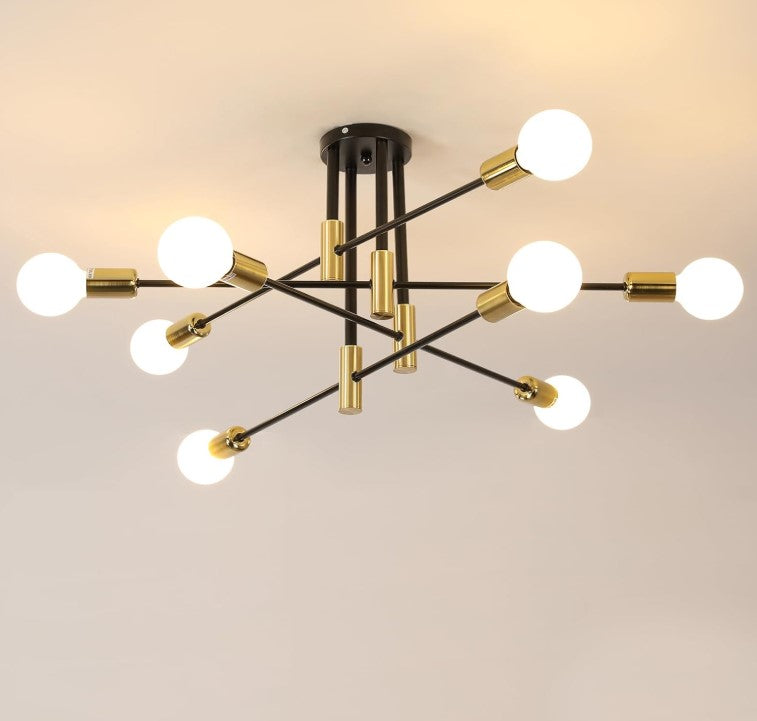 Ceiling Light 8 Lights E27 Modern Chandelier Semi-Flush Mount 90cm Black and Gold