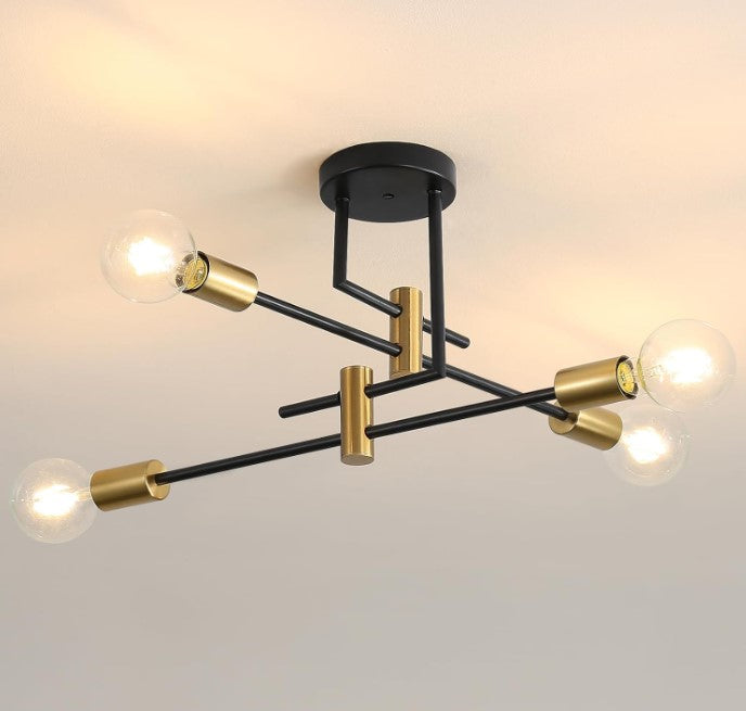 Ceiling Light Semi Flush Mount E27 4-Light Black and Gold/Black Modern Chandelier