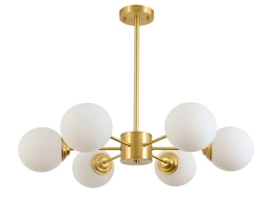 Modern Gold Chandelier Frosted White Globe Shade E27 Metal Ceiling Light 72cm Semi Flush Mount