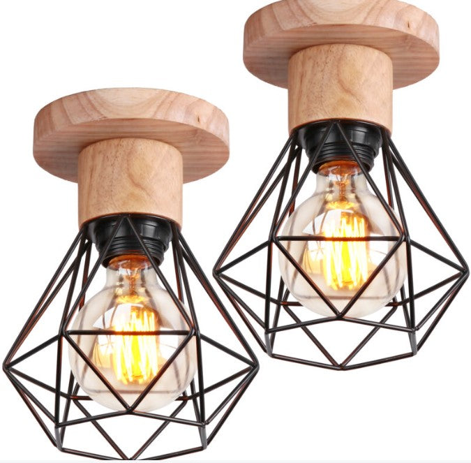 2pcs Retro Ceiling Light Fixture Vintage Black Ceiling Light Indoor Wood and Metal Ceiling Lamp