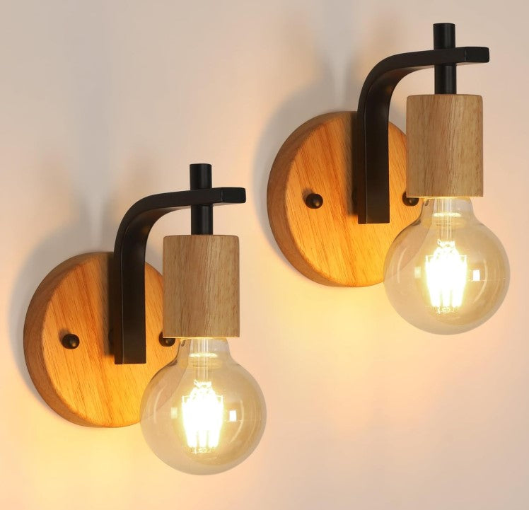 Wall Lights Indoor 2 Pack Vintage Wood Wall Sconces Lights E27 Industrial Black