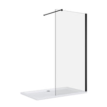 Load image into Gallery viewer, Walk In Shower Glass Panel Black Frame Clear Glass 700mm With White Long Shower Tray
