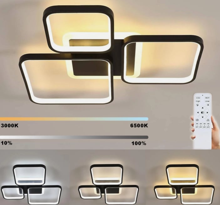 Modern Square Dimmable LED Ceiling Light Black, Modern Light with Remote Control 57 cm