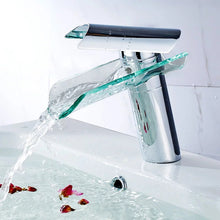 Load image into Gallery viewer, Deck Mounted Glass Basin Tap Waterfall Modern Bathroom Basin Tap Chrome Finish Mixer Monobloc
