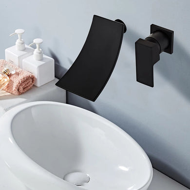 Matte Black Bathroom Taps Waterfall Sink Mixer Tap Bathroom Black Basin Finish Single Lever Hot Cold Tap Wall Mounted Tap