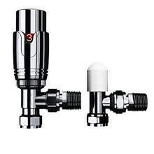 Load image into Gallery viewer, Chrome Thermostatic and Manual Control Corner Towel Radiator Valves15mm Pair
