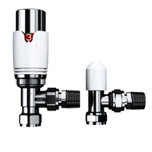 Load image into Gallery viewer, Thermostatic and Manual Control Corner Towel Radiator Valves15mm Pair Chrome
